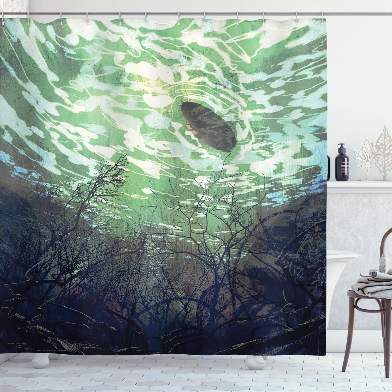 Ambesonne Fantasy World Shower Curtain, Underwater World with Tree Branches Stones Waves and Reflection of Sun Digital Art, Cloth Fabric Bathroom Decor Set with Hooks, 69" W x 70" L, Green